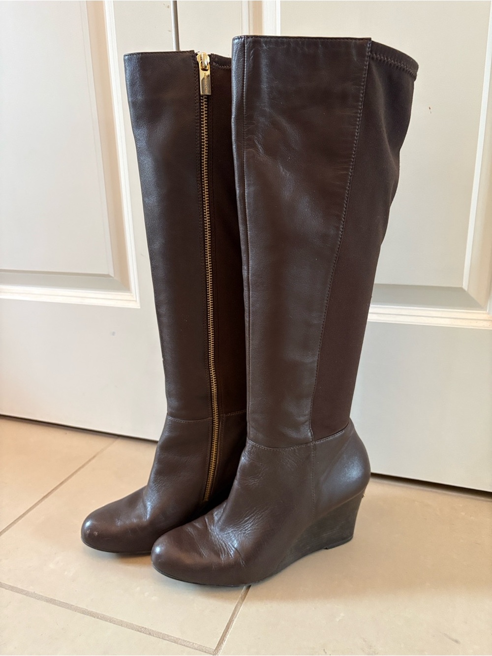 Michael Kors Women's Brown Leather & Stretch Wedge Knee-High Boots